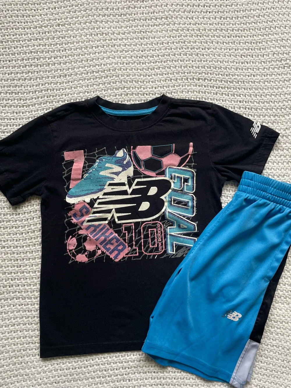 Two Piece Set —New Balance Black Tee with Pink & Blue Soccer Graphic/ Shorts